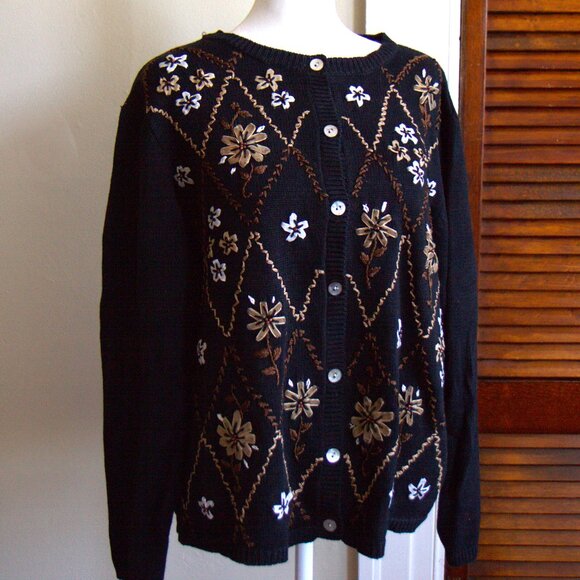 90s Vintage Alfred Dunner Black Cardigan with Floral Embroidery - Picture 1 of 10